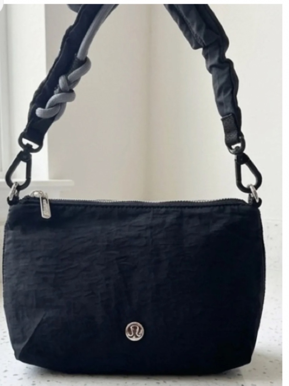 lululemon athletica Black Nylon Shoulder Pouch ruched Braided Strap small